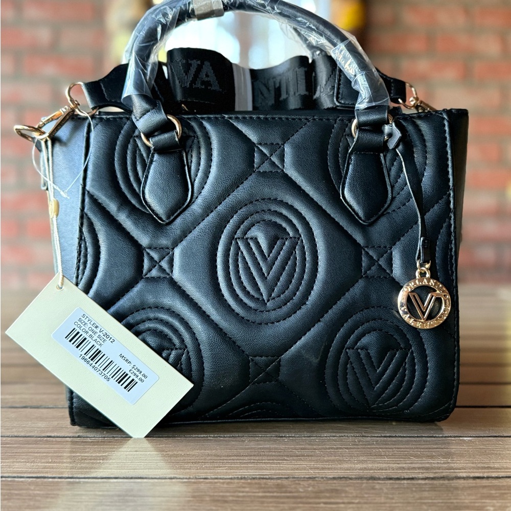 Valentino Orlandi Black Top Handle V Logo Quilted Tote Bag With Pendant NWT